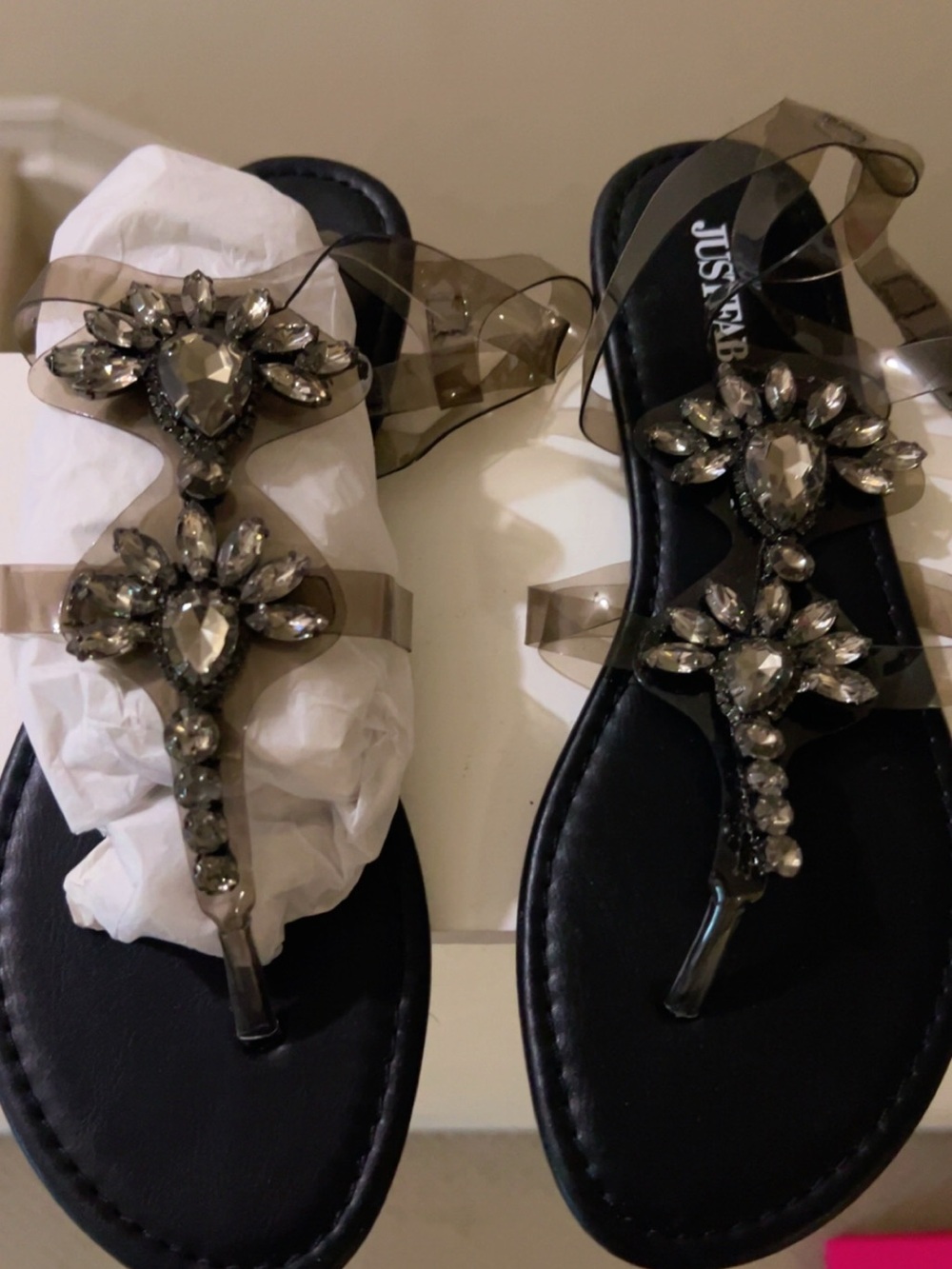JustFab Black Jeweled Clear-Strap T-Bar Sandals